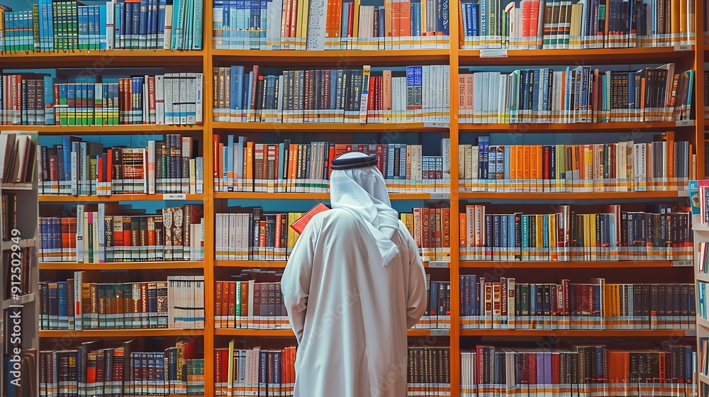 teacher saudi arabia gulf in a long white robe walking down a library aisle lined with bookshelves teacher saudi arabia gulf in a long white robe walking down a library aisle lined with bookshelves