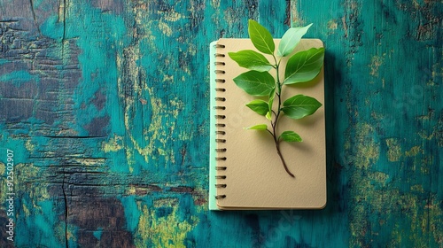 A serene composition featuring a notebook and a fresh green leaf on a textured turquoise background, inspiring creativity and nature. photo