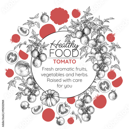Vector illustration healthy food. Vegetables. Tomatoes in engraving style