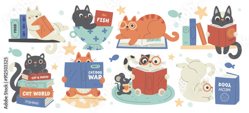 Funny cute cats kawaii pet animals cartoon characters reading books, enjoying rest and study process