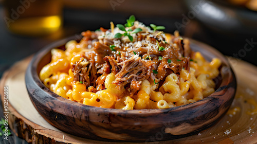 Macaroni and cheese topped with slow cooked bbq pulled pork and fresh thyme