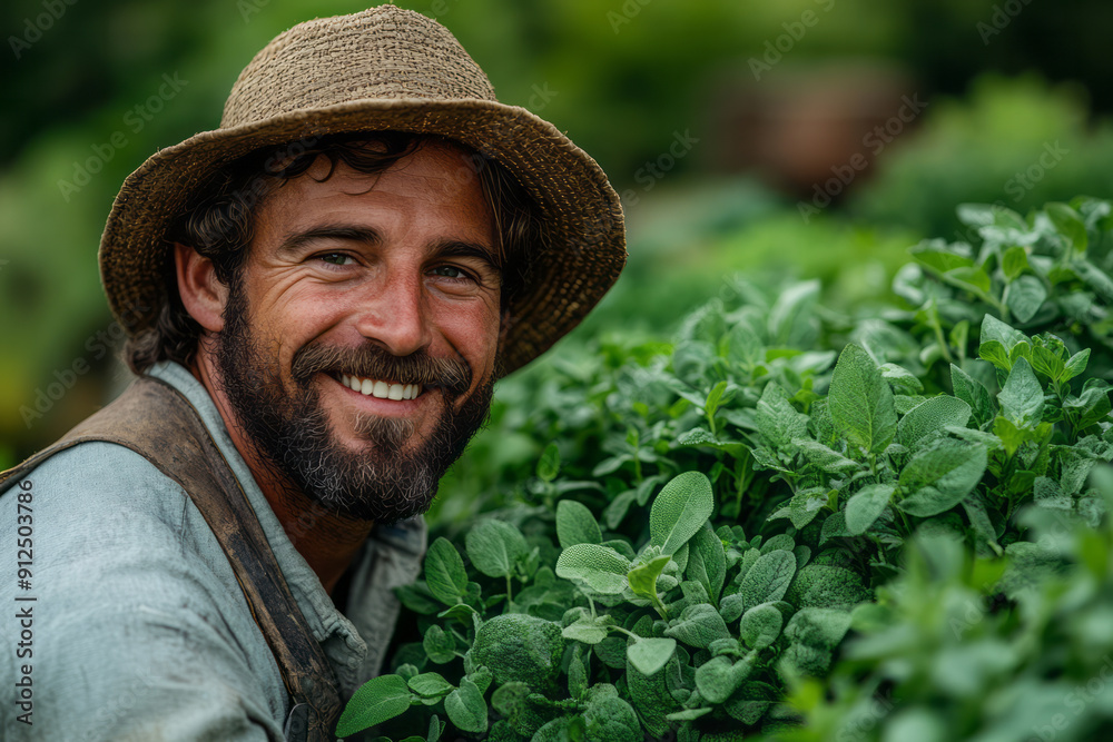 A smiling farmer tending to his herb garden, with fragrant herbs growing abundantly, A smiling farmer tending to his herb garden, with fragrant herbs growing abundantly,