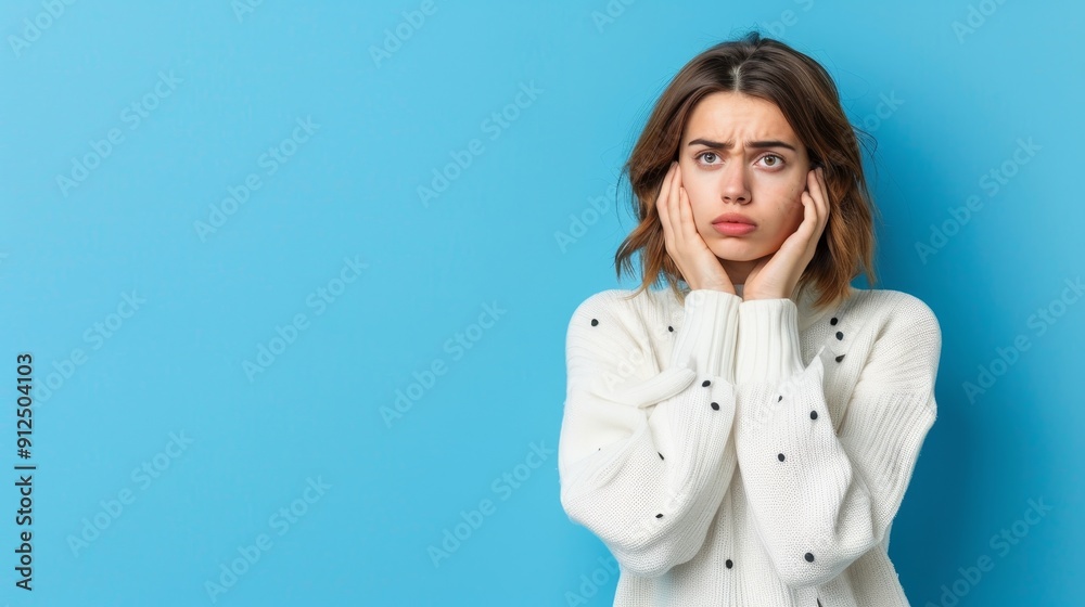 Heartbreaking Despair - Young Woman Reacting to Negative News with Desperation and Sorrow on Bright Blue Background Heartbreaking Despair - Young Woman Reacting to Negative News with Desperation and Sorrow on Bright Blue Background