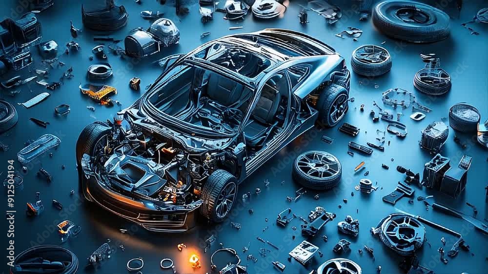 Disassembled car, showcasing its internal structure and components. The car's body is partially assembled, with doors, wheels, and various other parts on the floor.