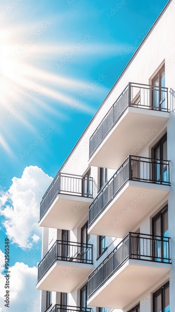 Modern Apartment Building With Balconies Under Bright Blue Sky Modern Apartment Building With Balconies Under Bright Blue Sky