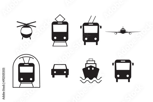 Transport icons for airplanes, public buses, trains, boats, ferries and car badges, isolated on white background. Design template for web, print.