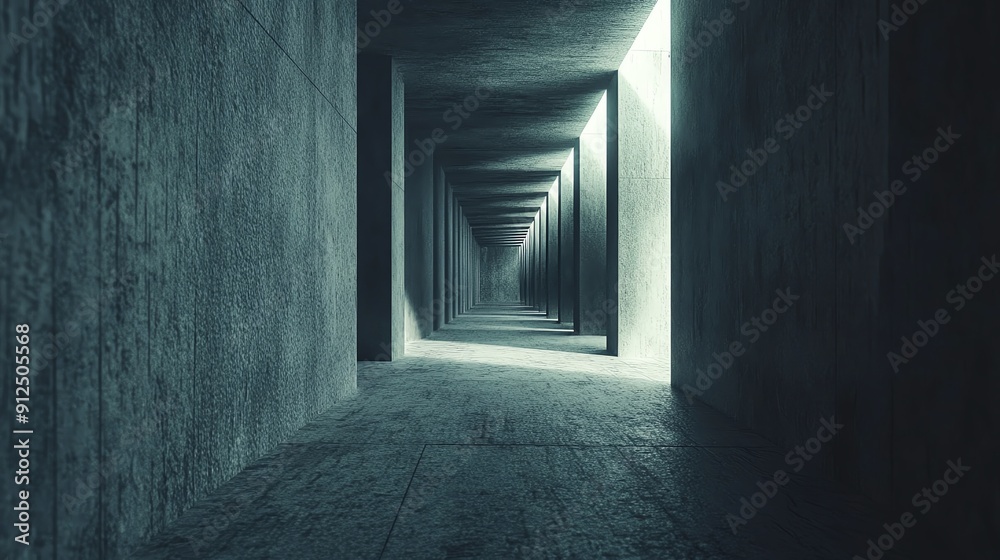 Obraz premium A tranquil concrete corridor with an endless perspective, illuminated by subtle light, creating a serene architectural ambiance.