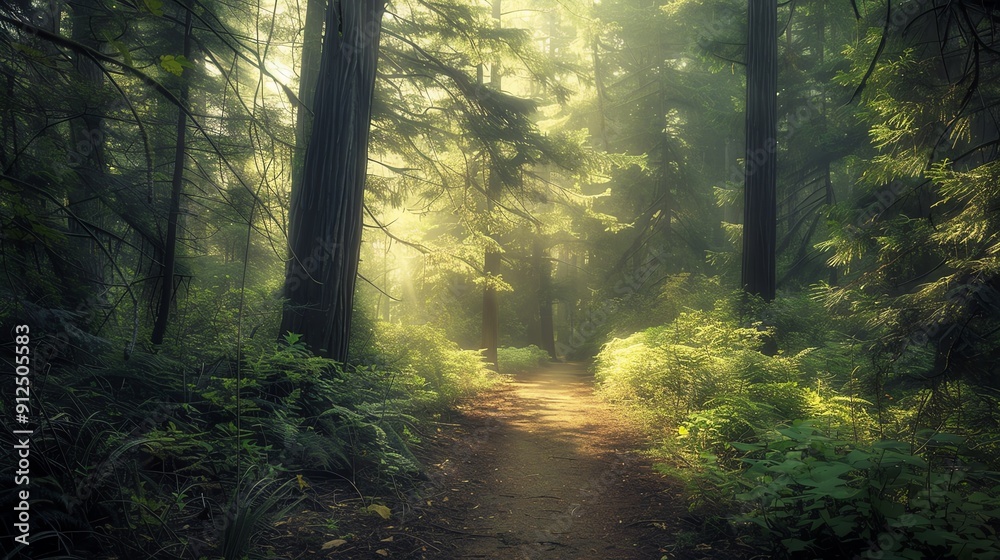 Obraz premium A tranquil forest path illuminated by soft sunlight, surrounded by lush greenery and towering trees, perfect for nature lovers.
