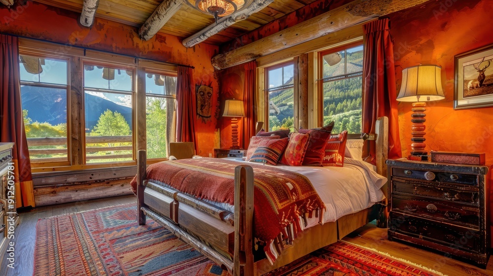 Naklejka premium A warmly decorated bedroom features a stunning view of mountains and lush trees through large windows
