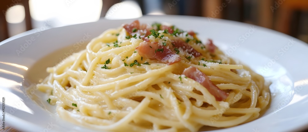 Creamy pasta dish with bacon and parsley on white plate. Creamy pasta dish with bacon and parsley on white plate.