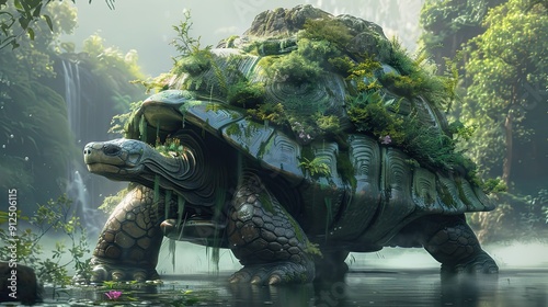 Photorealistic image of an enormous Xuanwu, the divine tortoise, one of the Four Symbols of Chinese mythology. 