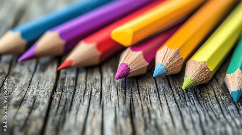 A vibrant arrangement of colored pencils on a wooden surface, perfect for art projects and creative inspiration.