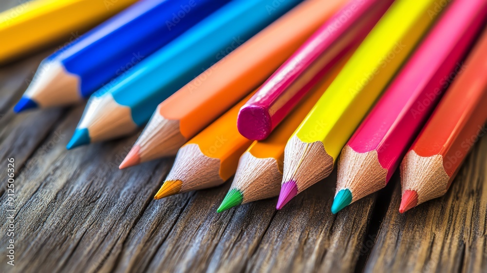 A vibrant arrangement of colored pencils resting on a rustic wooden surface, perfect for arts and crafts projects. A vibrant arrangement of colored pencils resting on a rustic wooden surface, perfect for arts and crafts projects.