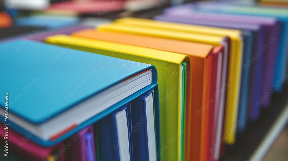 A vibrant array of colorful books lined up on a shelf, showcasing neatly organized spines in shades of blue, green, and pink. A vibrant array of colorful books lined up on a shelf, showcasing neatly organized spines in shades of blue, green, and pink.