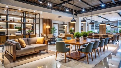 Wallpaper Mural Modern interior design setting showcases sleek tables and chairs on display in a spacious furniture showroom within a shopping mall in West Java, Indonesia. Torontodigital.ca