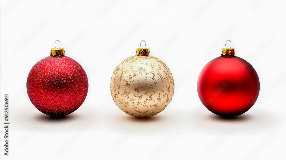 Stylish red and gold Christmas ornaments on bright white background for modern holiday decor Stylish red and gold Christmas ornaments on bright white background for modern holiday decor