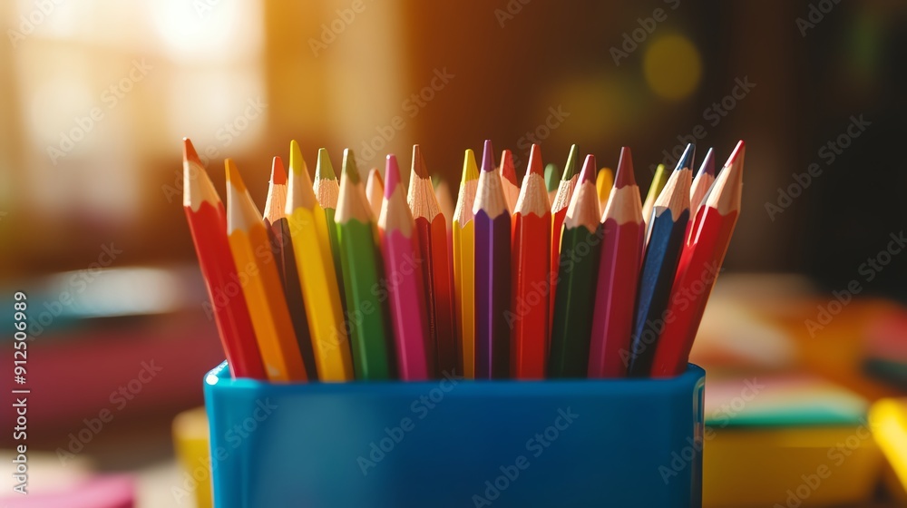 A vibrant collection of colored pencils arranged in a cup, perfect for art, education, and creativity. A vibrant collection of colored pencils arranged in a cup, perfect for art, education, and creativity.