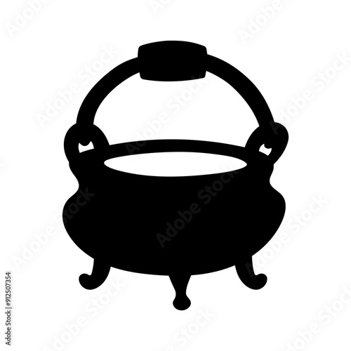 Witch pot in simple style, vector illustration. Silhouette of cauldron for print and design. Isolated black element on white background. Celebration Halloween