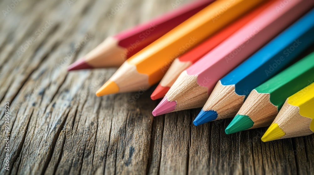 A vibrant collection of colored pencils arranged on a rustic wooden surface, perfect for art and creativity themes. A vibrant collection of colored pencils arranged on a rustic wooden surface, perfect for art and creativity themes.