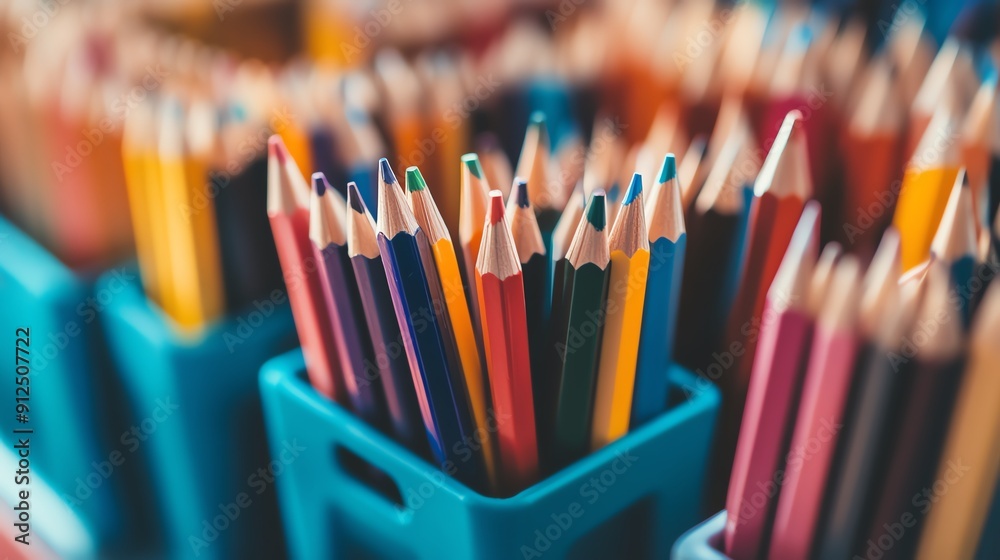A vibrant collection of colored pencils neatly arranged in blue baskets. Perfect for art, education, or creativity-themed projects. A vibrant collection of colored pencils neatly arranged in blue baskets. Perfect for art, education, or creativity-themed projects.
