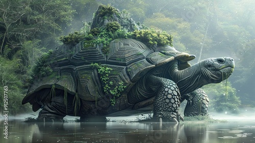 Photorealistic image of an enormous Xuanwu, the divine tortoise, one of the Four Symbols of Chinese mythology.  photo