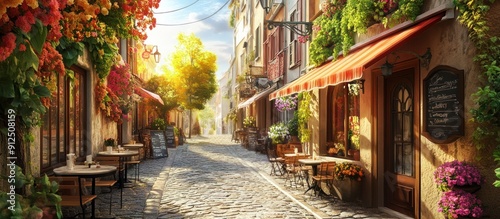 Charming European Street Cafe with Cobblestone Path and Vibrant Flowers