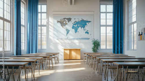 Sunlit empty classroom with desks, chairs, and a world map on the wall, creating an inviting learning environment.
