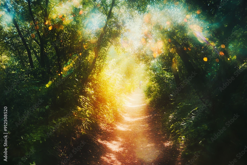 Obraz premium A vibrant forest path illuminated by soft sunlight, creating a magical atmosphere perfect for nature enthusiasts.