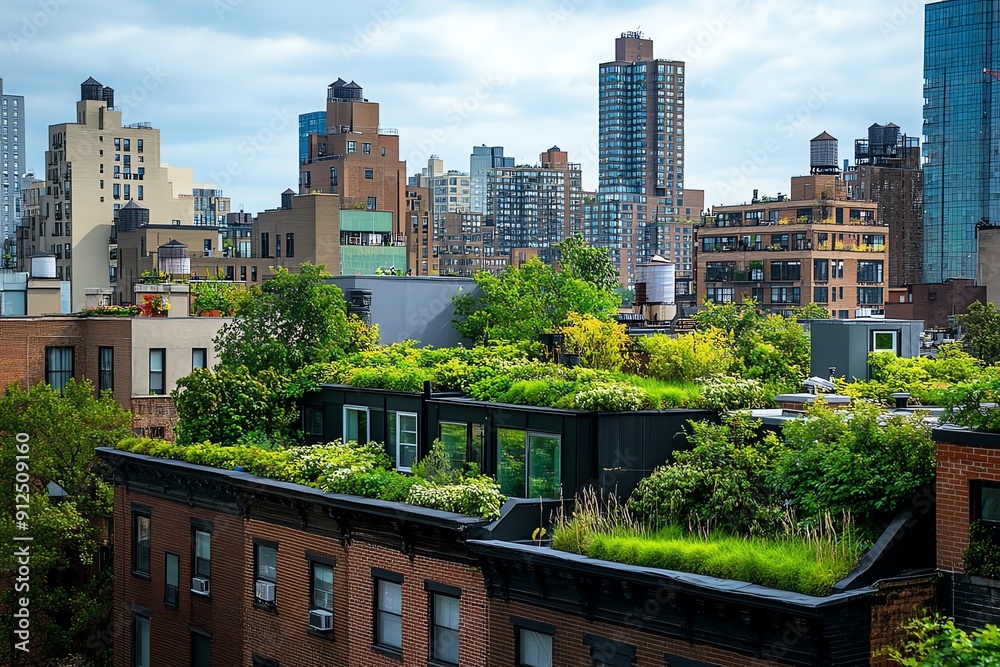 Fototapeta premium A vibrant rooftop garden offering a green oasis above the city, blending nature with urban architecture.