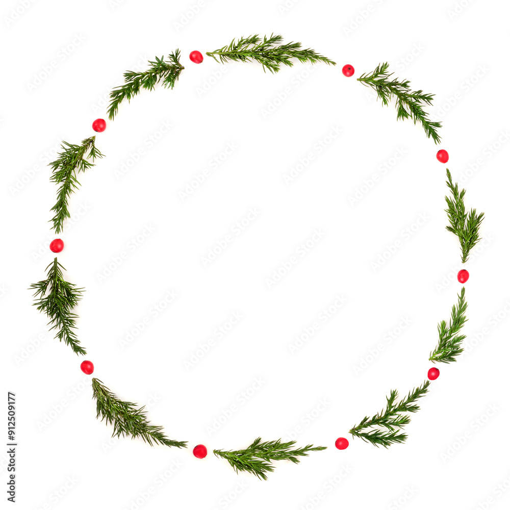 Winter solstice Christmas wreath with fir and holly berries on white background, Traditional festive symbol for the holiday season, greeting card, logo, invitation, gift tag. Winter solstice Christmas wreath with fir and holly berries on white background, Traditional festive symbol for the holiday season, greeting card, logo, invitation, gift tag.