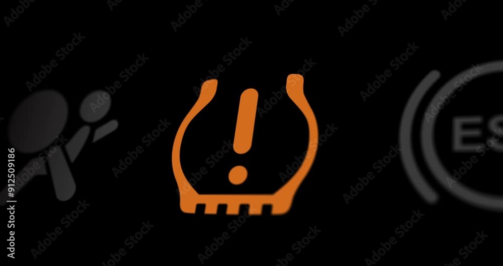 Low tire pressure warning light on car dashboard, empty tyre blinking icon, footage