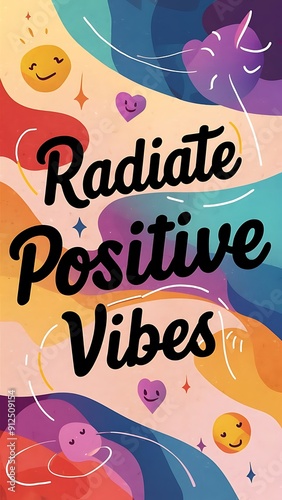 Radiate Positive Vibes colorful background and text (T-shirt Design Motivational Quote, Illustration ,Typography)