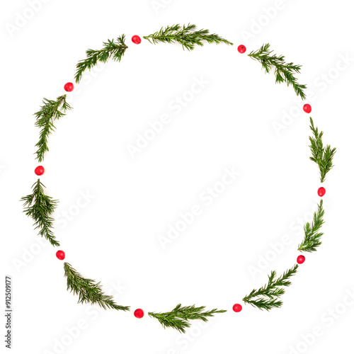 Winter solstice Christmas wreath with fir and holly berries on white background, Traditional festive symbol for the holiday season, greeting card, logo, invitation, gift tag.