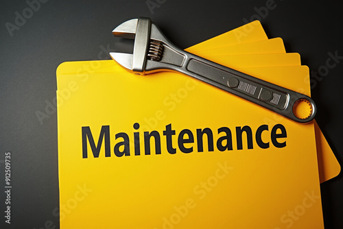 Yellow folders with the printed word 'Maintenance' on the cover and a spanner on top. Concept on maintenance schedule for equipment, machinery servicing, fault repair reports, or upkeep records.