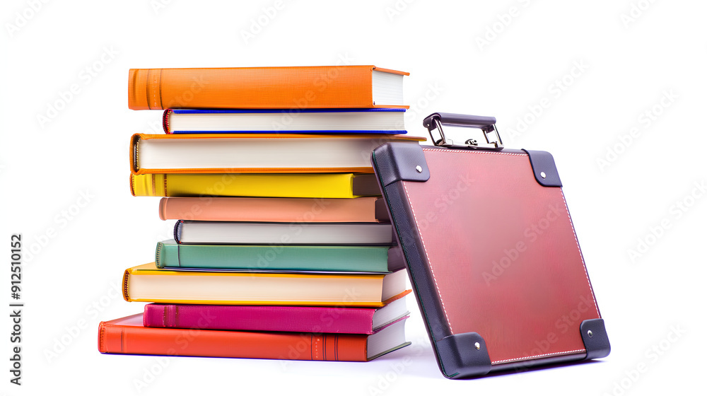  A stack of colorful books and leather briefcase on a white background