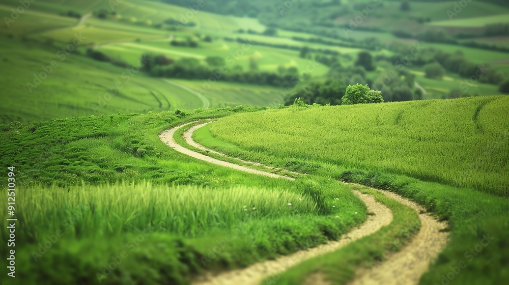 Fototapeta premium A winding dirt road meanders through lush green fields, inviting exploration and showcasing the beauty of rural landscapes.