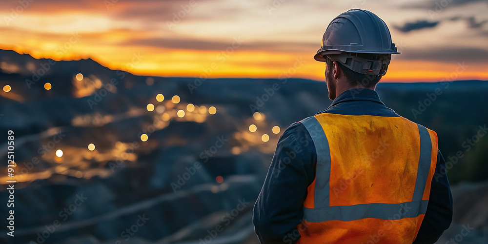 A construction worker admires an illuminated mining site at dusk, showing hard work and dedication. A construction worker admires an illuminated mining site at dusk, showing hard work and dedication.