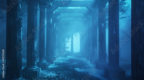 An ethereal underwater scene featuring ancient columns, shrouded in blue light, evoking mystery and tranquility.