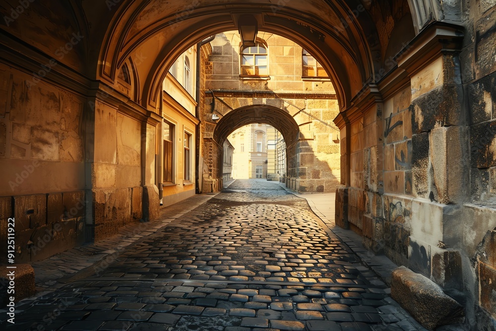 Fototapeta premium Charming cobblestone street under an archway in a historic city, glowing with warm light, inviting exploration and discovery.