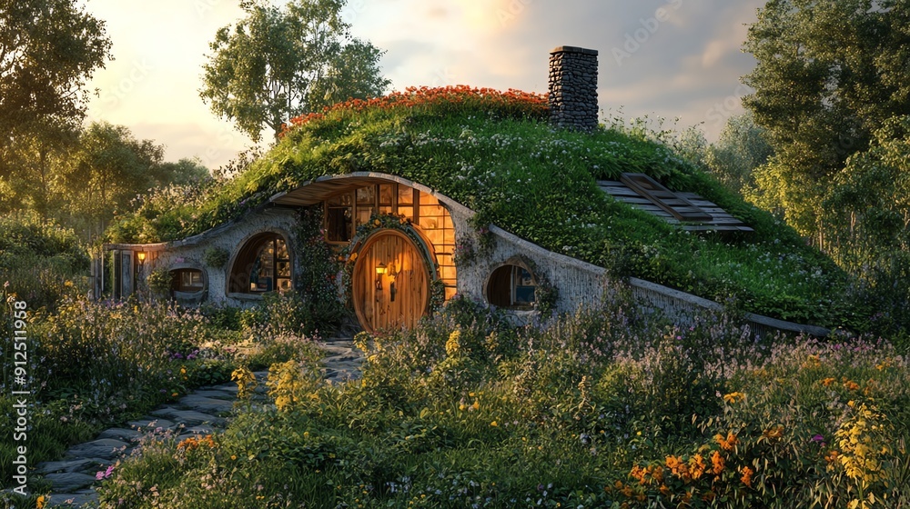 Naklejka premium Charming green-roofed cottage nestled in lush garden scenery, perfect for fantasy and nature-themed projects.