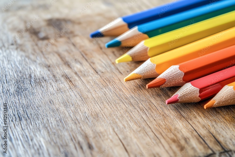 Close-up of colorful pencils arranged neatly on a wooden surface, ideal for art, education, or creativity themes.