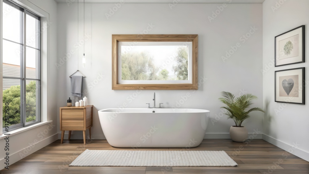 Fototapeta premium Minimalist Bathroom with Freestanding Tub, Wooden Accents, and Natural Light