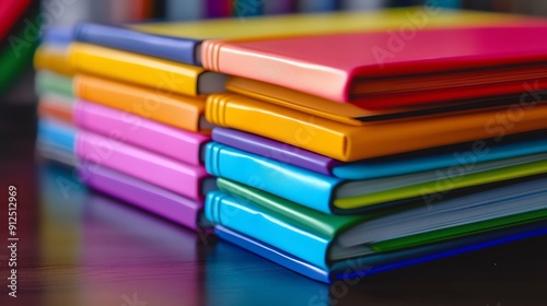 Colorful notebooks stacked neatly on a desk, perfect for school, office, or creative projects.