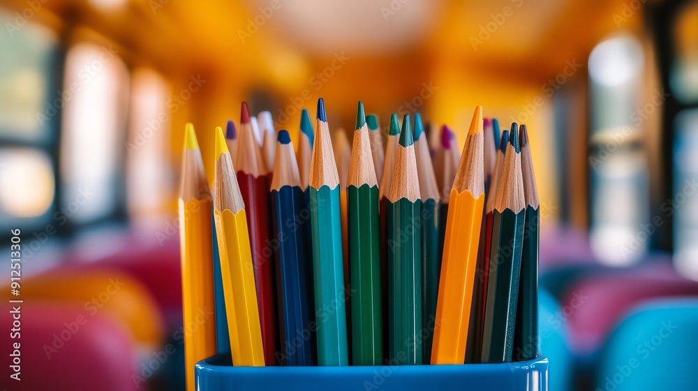 Colorful pencils in a blue container, set against a warm, blurred background, perfect for creative projects or educational themes.