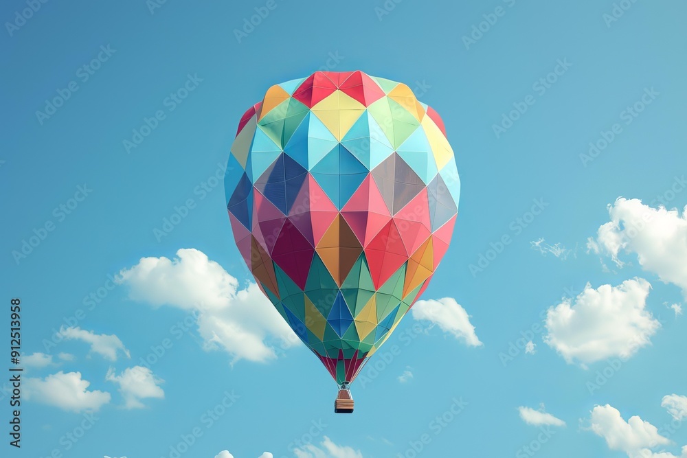 Fototapeta premium Colorful hot air balloon is floating peacefully in a serene blue sky dotted with fluffy white clouds