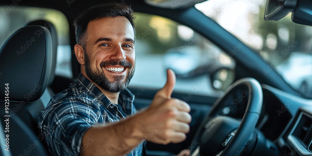 Happy man and portrait in car with thumbs up for finance sale or dealership insurance contract. Happy man and portrait in car with thumbs up for finance sale or dealership insurance contract.