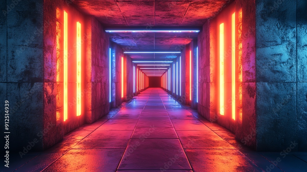 Futuristic hallway illuminated by vibrant blue and red neon lights, reflecting a modern and immersive atmosphere. Futuristic hallway illuminated by vibrant blue and red neon lights, reflecting a modern and immersive atmosphere.
