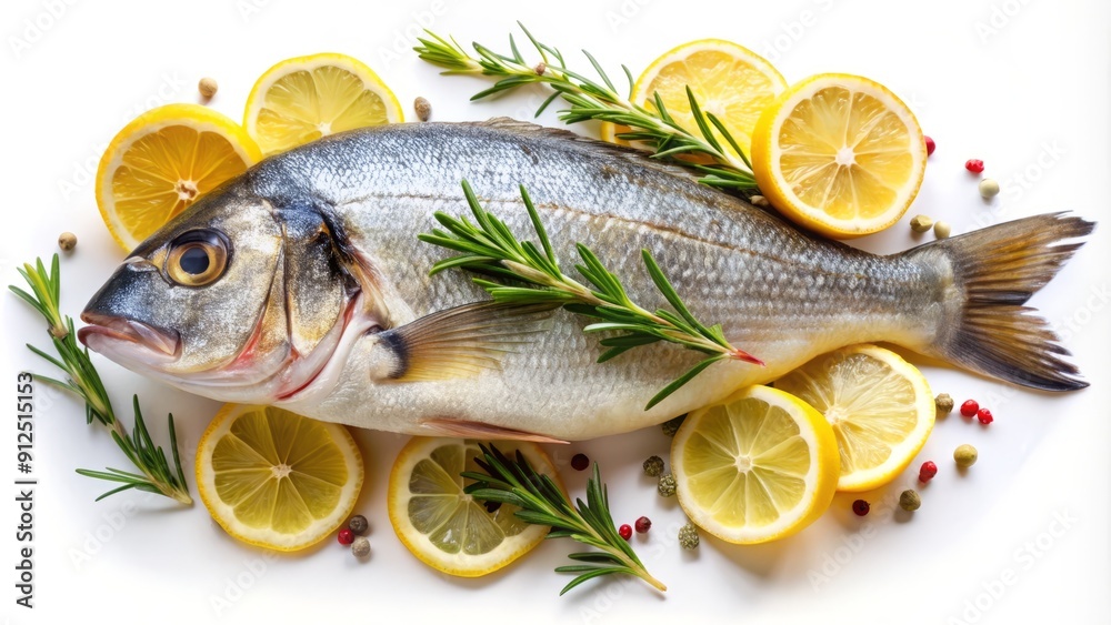 Freshly caught fish, zested with citrusy lemon and sprinkled with fragrant rosemary, is elegantly presented on a crisp white background, evoking seaside sophistication. Freshly caught fish, zested with citrusy lemon and sprinkled with fragrant rosemary, is elegantly presented on a crisp white background, evoking seaside sophistication.