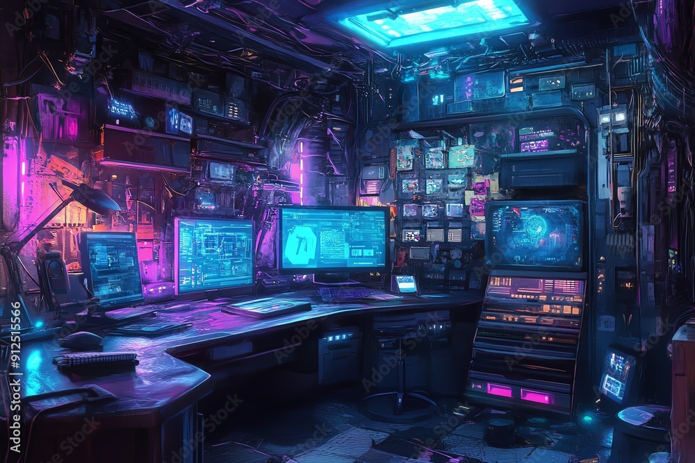 Obraz premium Futuristic workspace with neon lights, multiple screens, and cyberpunk aesthetics, perfect for tech and digital themes.