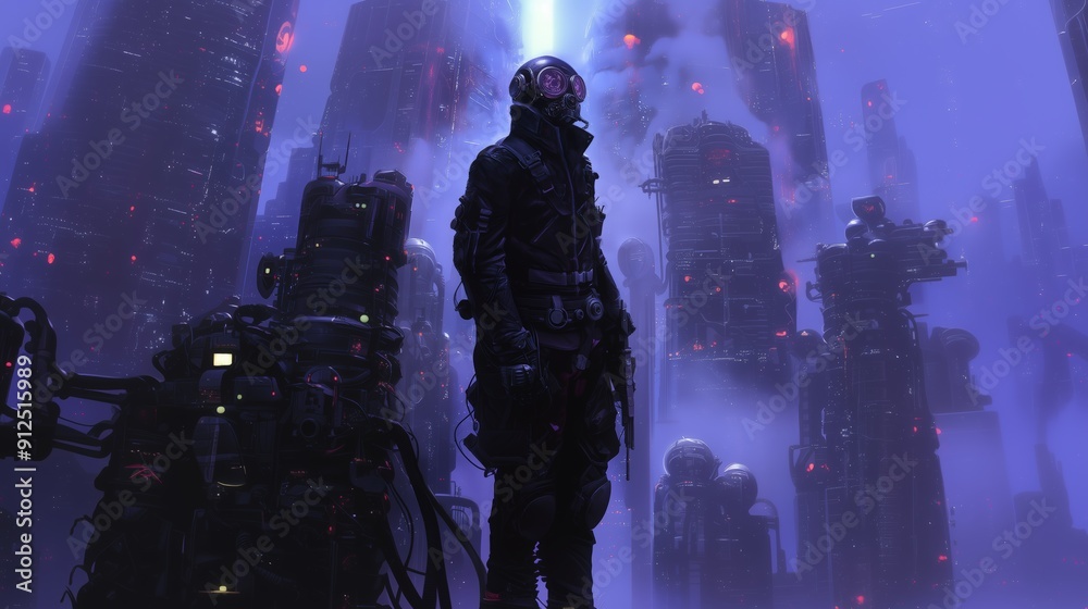 A futuristic cyberpunk scene with a lone figure in a gas mask standing in front of towering structures in a hazy, neon-lit city. A futuristic cyberpunk scene with a lone figure in a gas mask standing in front of towering structures in a hazy, neon-lit city.